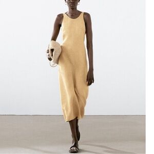 Sleeveless Linen-Blend Midi Dress in Mustard